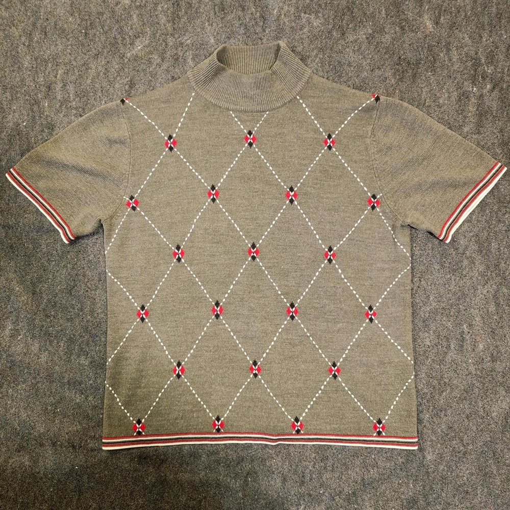 Sag Harbor Women Grey Argyle Short Sleeve Mock Neck Sweater Preppy Knit Top